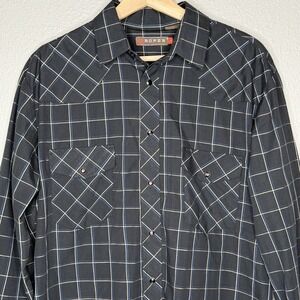 Roper Western Shirt Cowboy Rodeo Pearl Snap‎ Black Plaid Long Sleeve Mens L